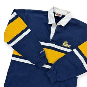 VTG Barbarian Rugby Shirt Men's Large Navy Blue Yellow Stripe RAMS Polo Canada